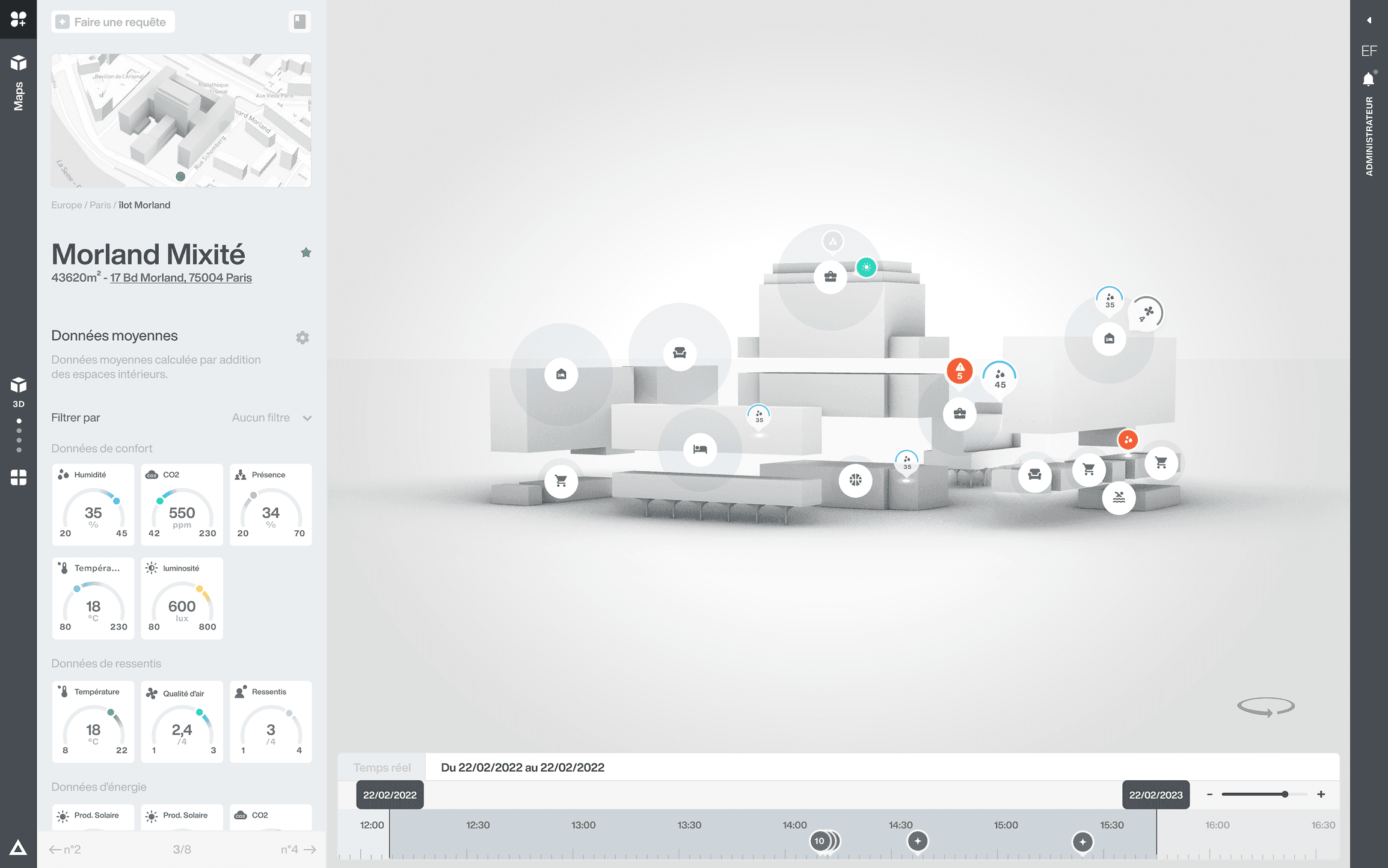 Smart building digital twin showing management data on an interactive map, with real-time monitoring