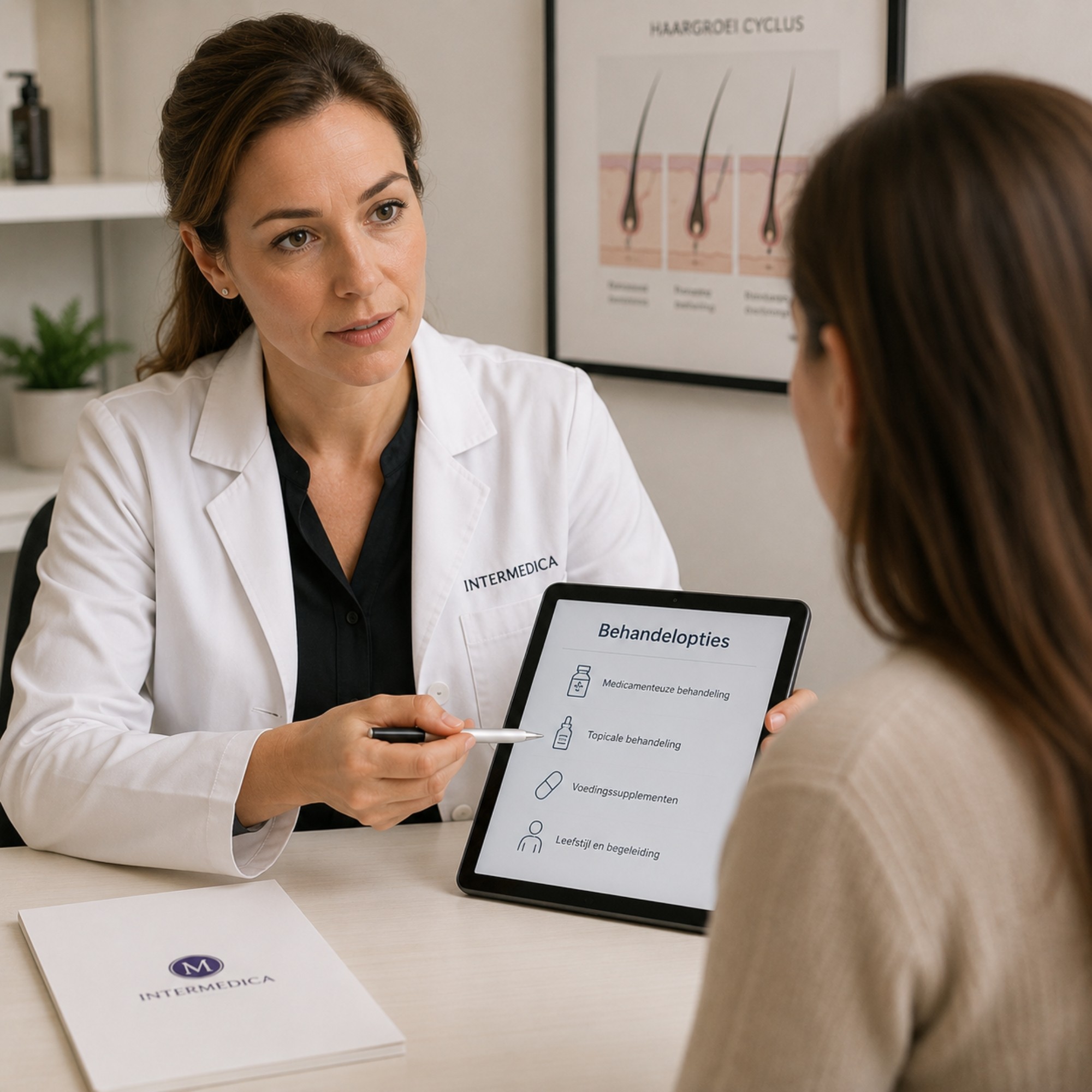 Specialist bespreekt behandelmogelijkheden voor haarverlies met een patiënt tijdens een medisch haarconsult.