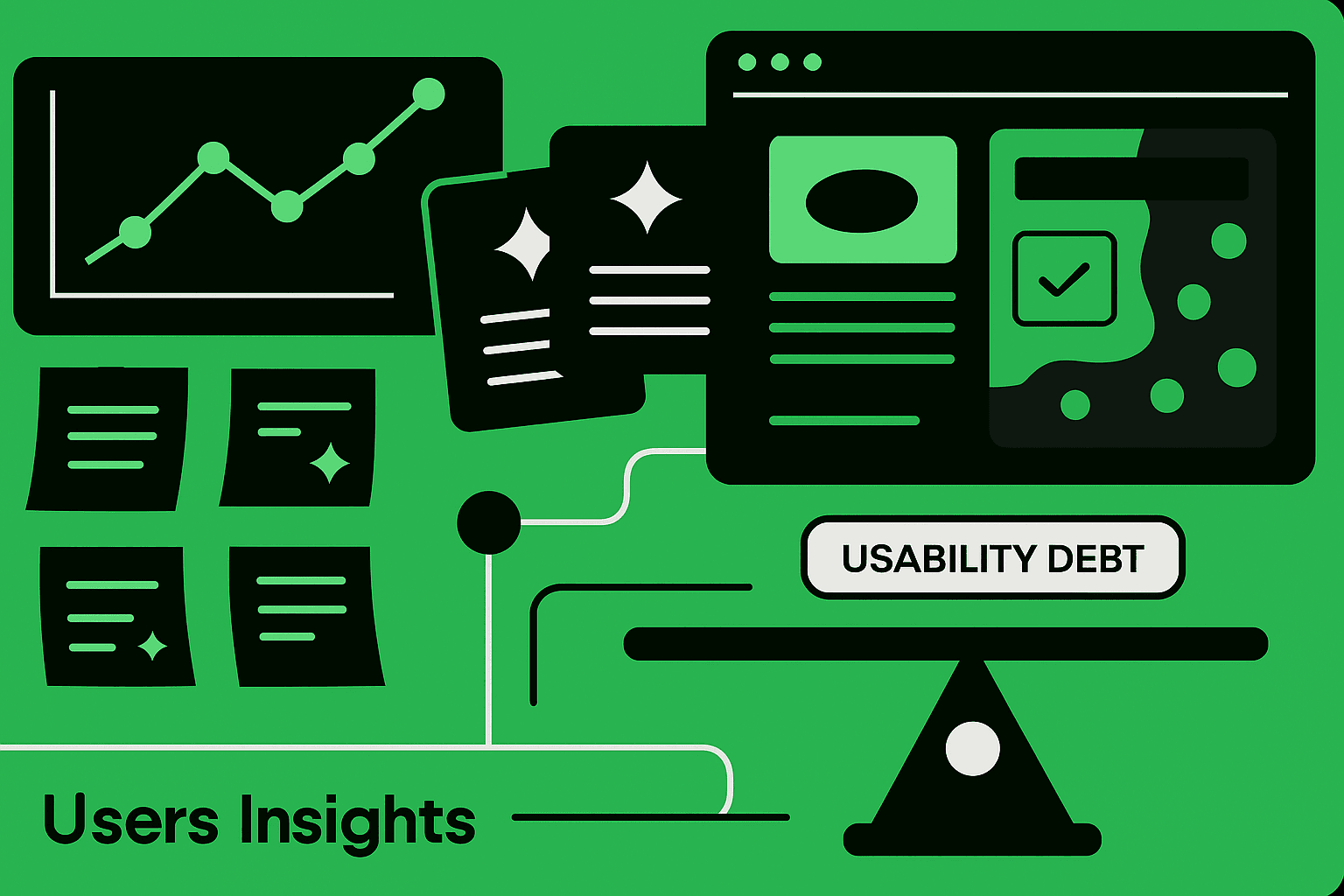 UX research dashboard showing usability testing checklist and heuristic evaluation metrics
