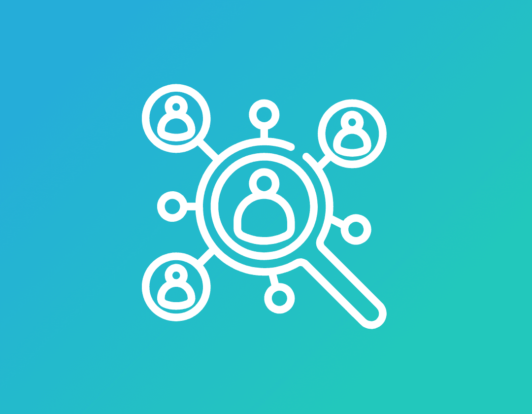 Icon with a magnifying glass and user symbols, representing a custom, searchable catalog of natural language queries for quick user onboarding