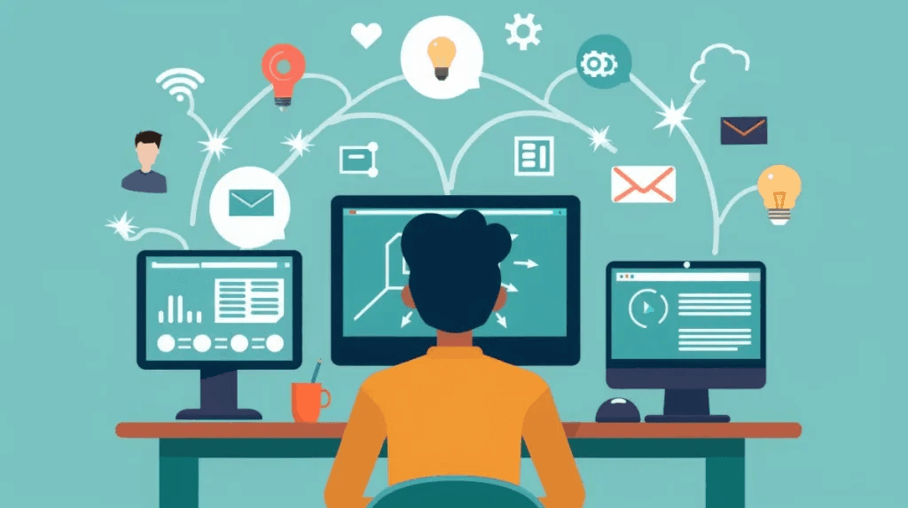 Graphic in which a person is sitting at a desk while looking at the world of connections behind a computer