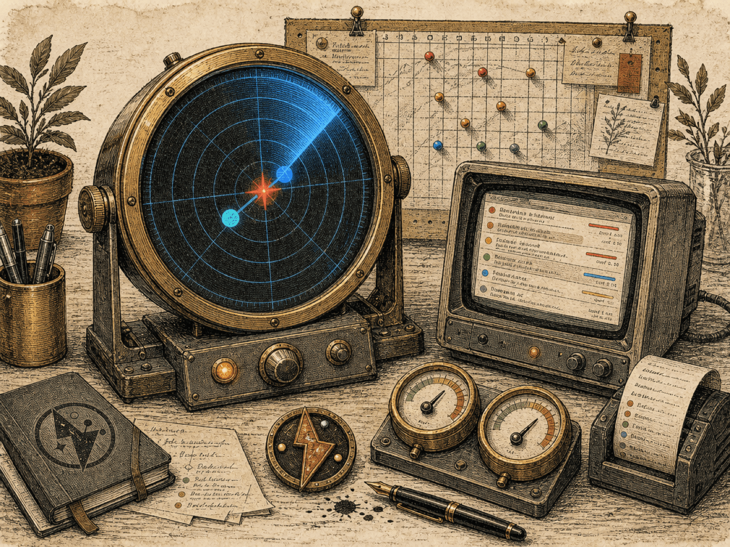 Hand-drawn centered GTM collision radar console for majorGTM