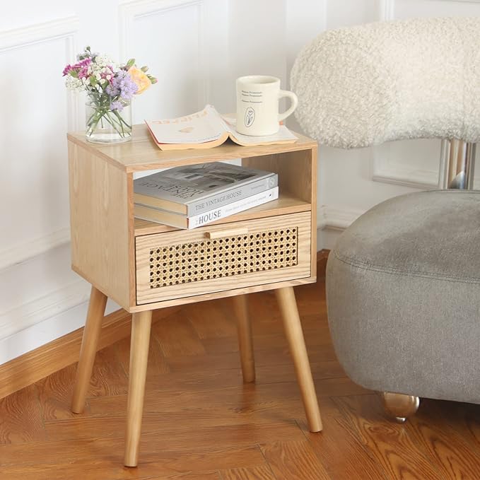 Walnut rattan nightstand – A stylish and functional furniture piece, perfect for any modern home.