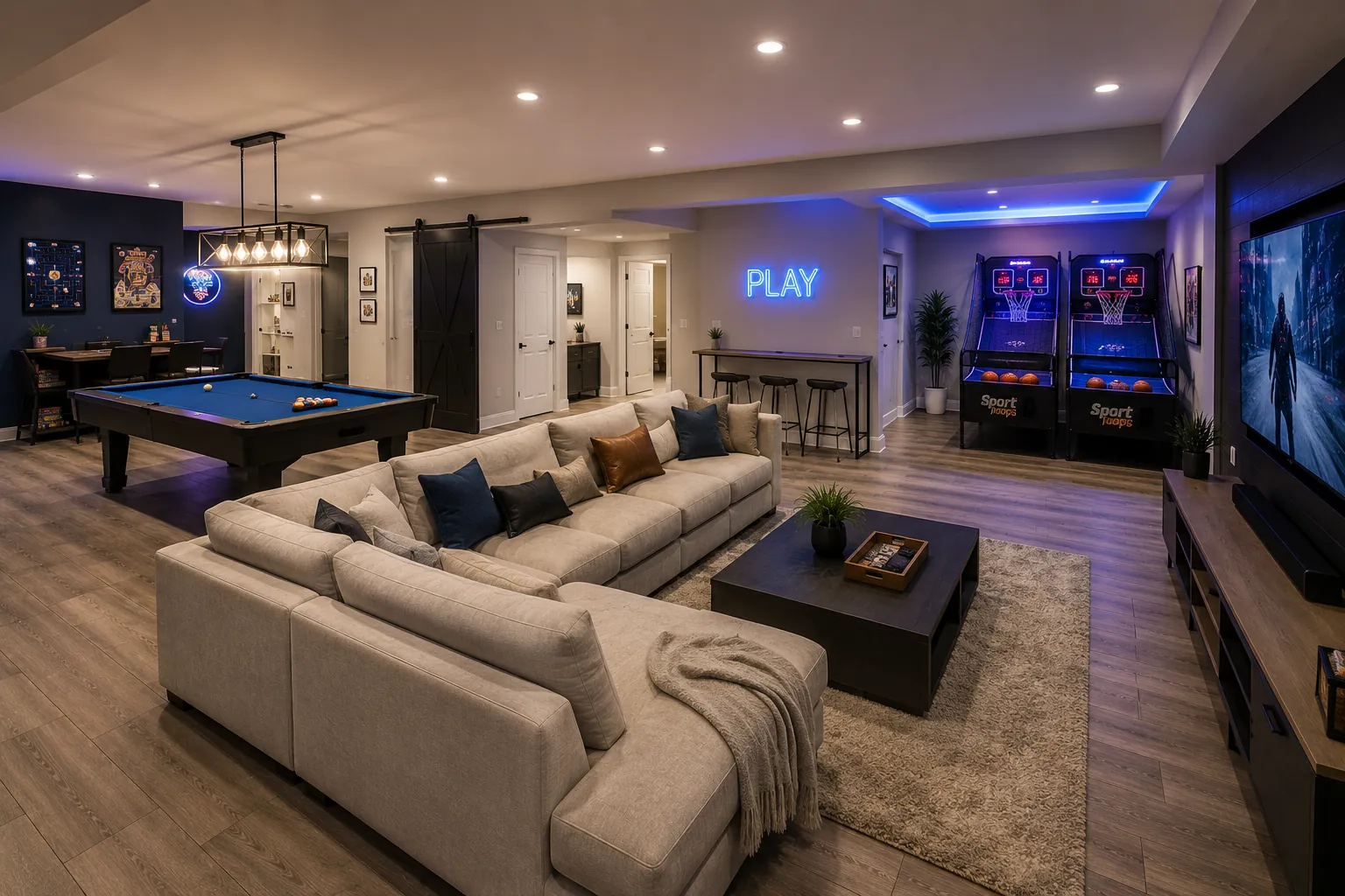 Upscale game room basement with cream sectional seating, pool table, arcade basketball games, large entertainment TV, neon "Play" sign, and blue accent lighting throughout open layout.