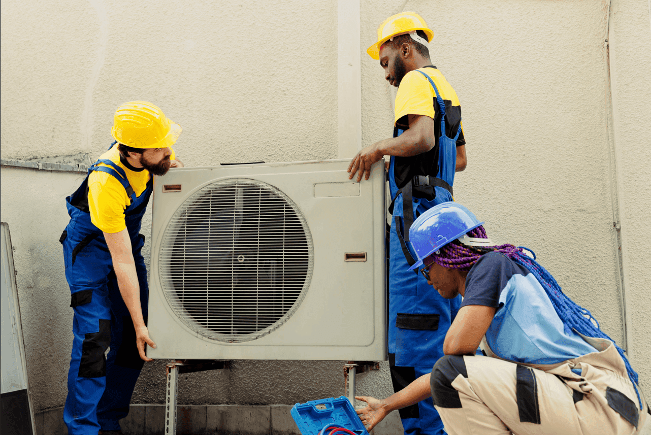 Three workers in safety gear are servicing an air conditioning unit in a commercial setting.