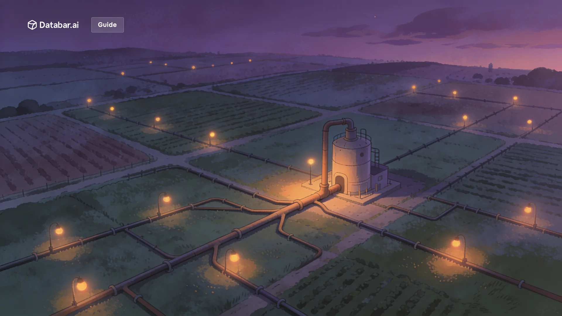 API-first enrichment, illustrated as a pumping station at dusk where one trunk main branches into many smaller lines across the fields