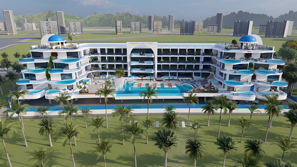 Rendering of Samana Santorini hotel set in a lush tropical resort, showcasing vibrant greenery and serene surroundings.