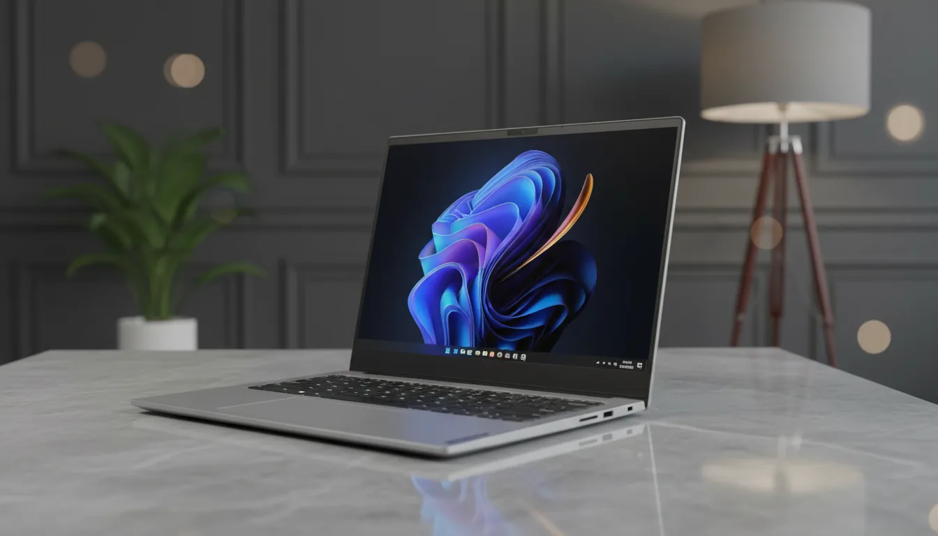 DSLR photography product shot of a modern, slim silver Lenovo laptop, placed at a three-quarter angle on a grey marble tabletop. The laptop is open, screen illuminated, displaying a vibrant, abstract 3D ribbon-like wallpaper in pink, yellow, and blue on a black background, with a Windows 11 UI taskbar visible. The scene is lit with soft studio lighting, creating subtle reflections. In the background, a dark grey paneled wall, a hint of a green plant, and a modern tripod lamp are softly blurred, creating a shallow depth of field with beautiful bokeh.