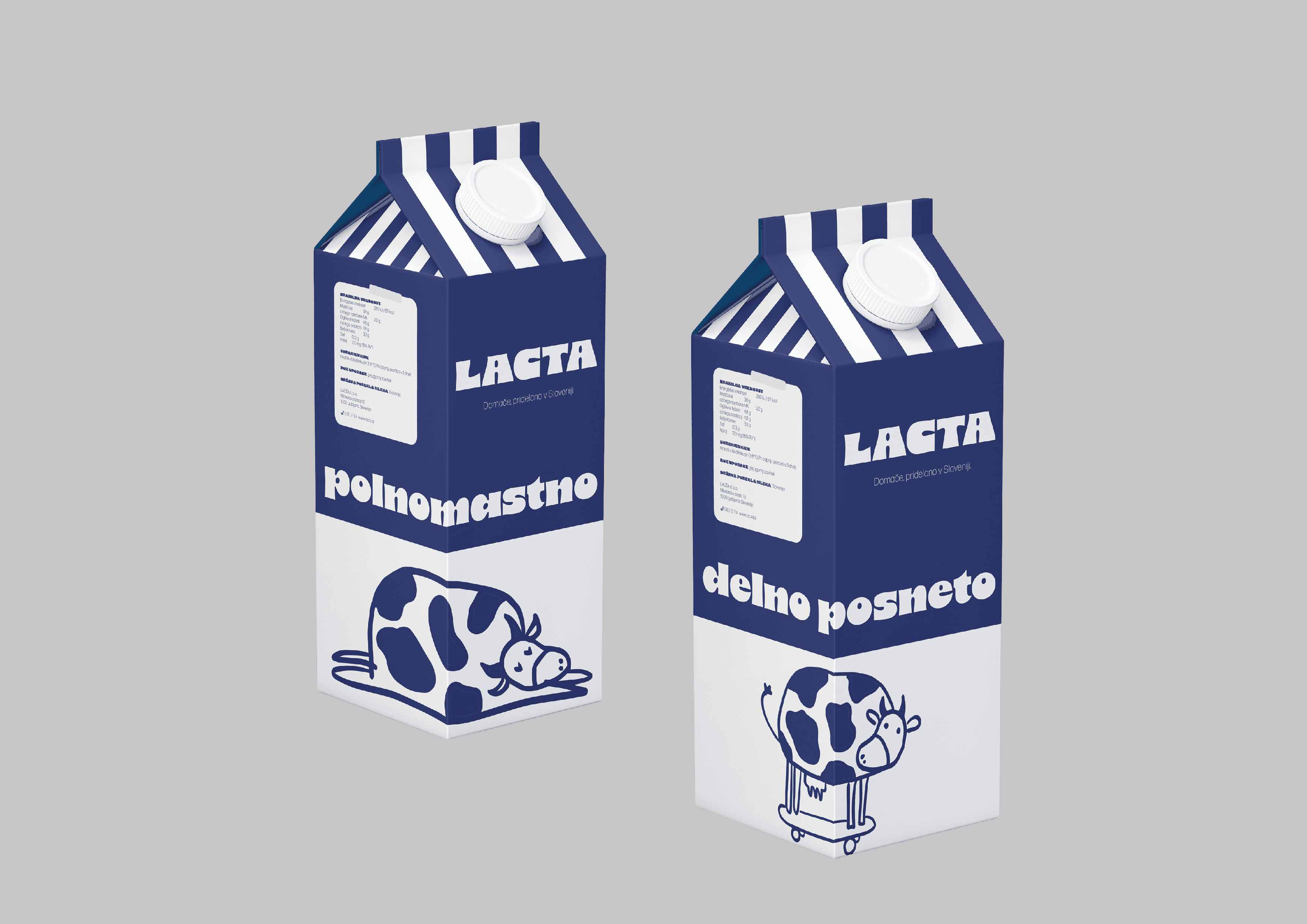 Two Lacta milk cartons for full-fat and semi-skimmed milk with cow illustrations.