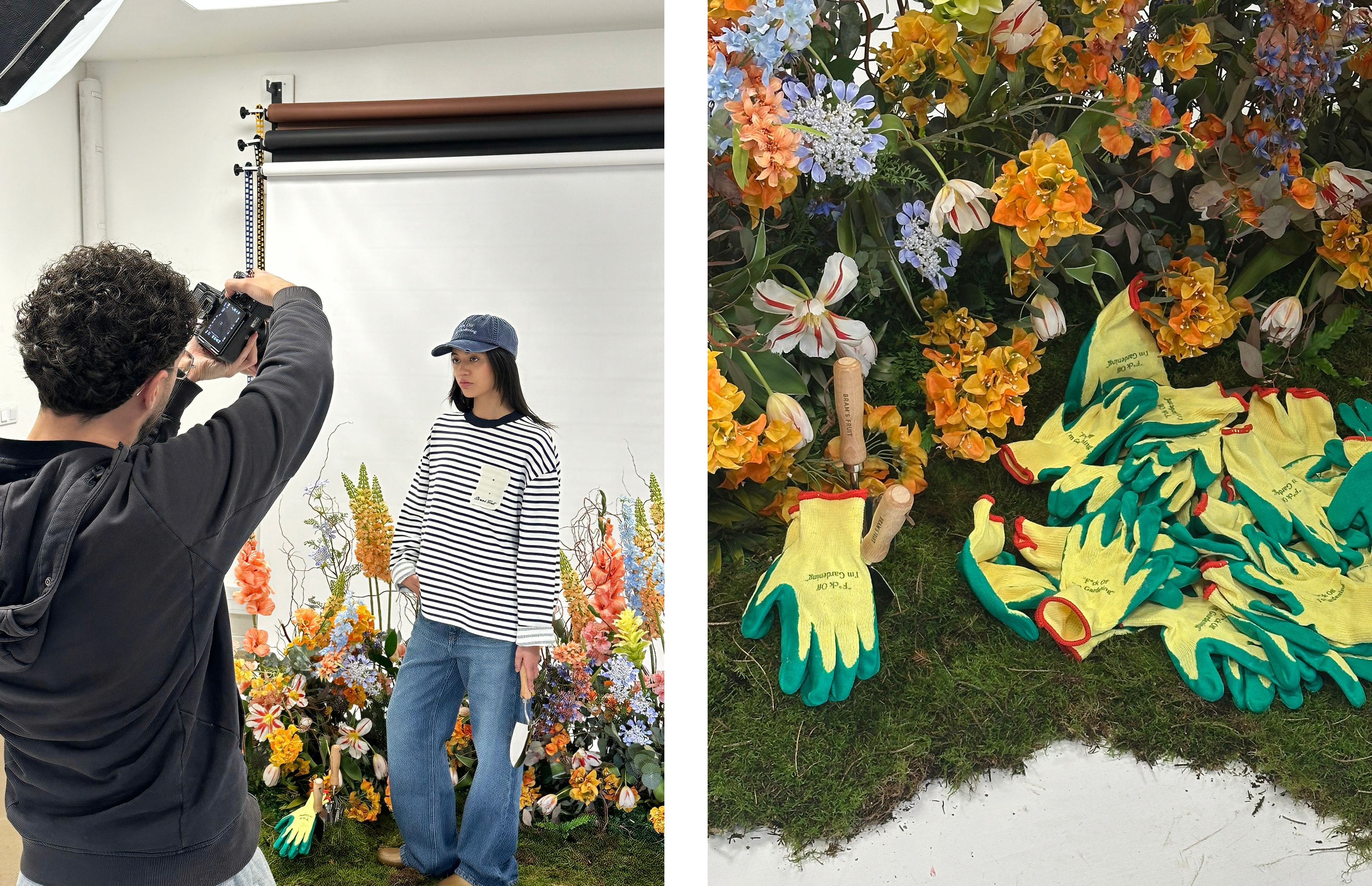 Un shooting photo et le parterre de fleurs et gants de jardinage