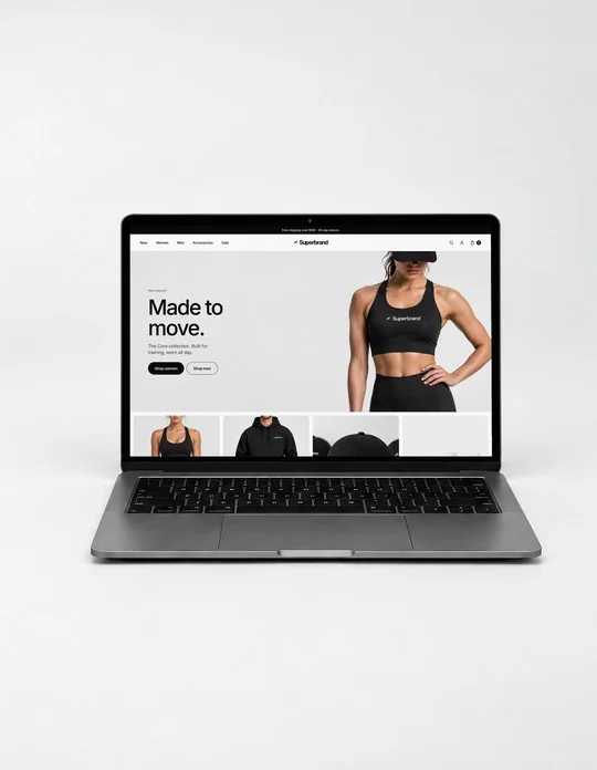 A laptop showing the redesigned Superbrand website: “Made to move.”