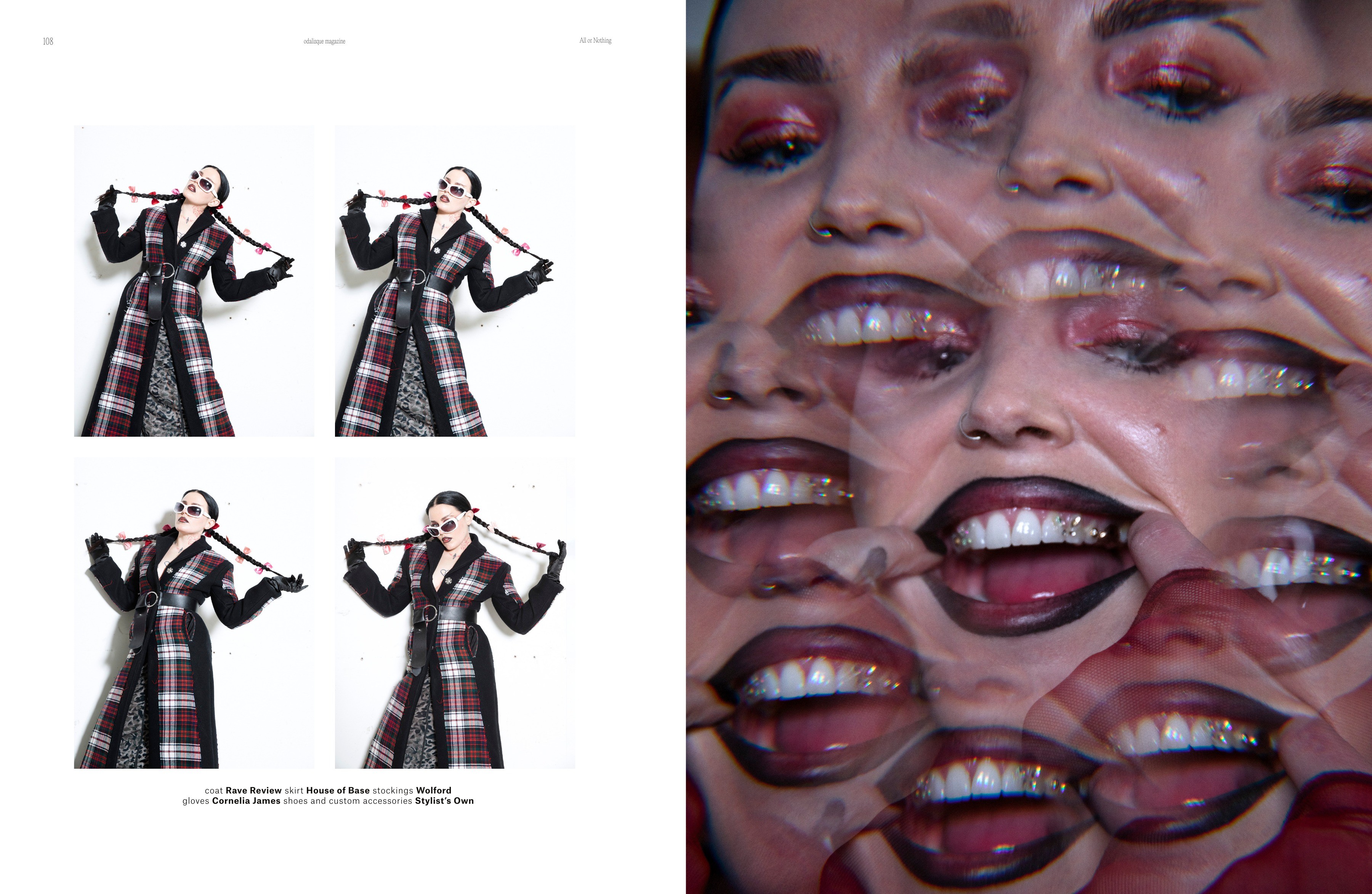 Four repeated figures opposite a kaleidoscopic close-up of faces.