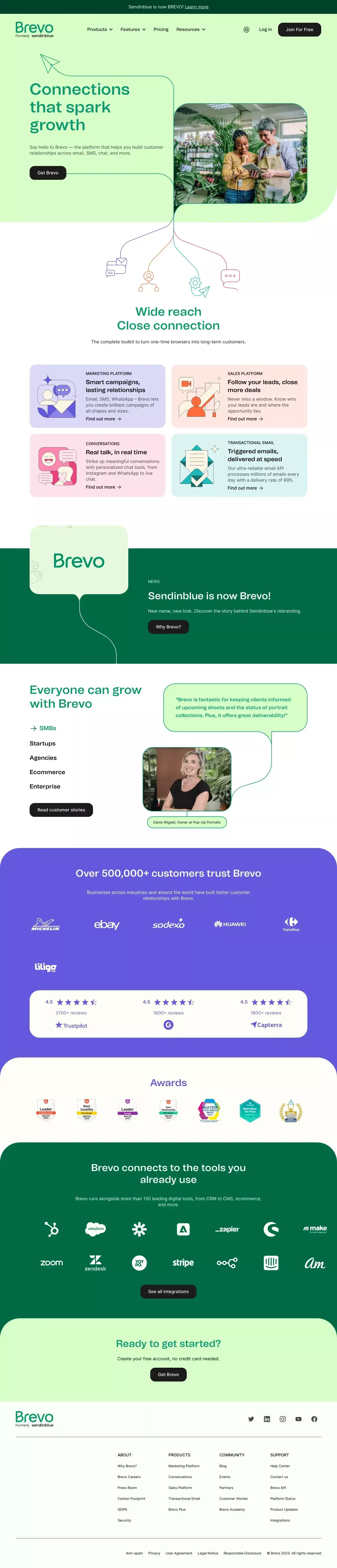 Brevo (formerly Sendinblue) landing page screenshot showcasing Tech and Marketing design