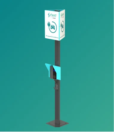 Totem de piso com placa de sinalização e cobertura, com wallbox instalado