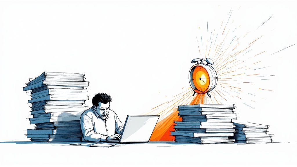 An illustration of a person working on a laptop surrounded by large stacks of papers, with an alarm clock suggesting time pressure.