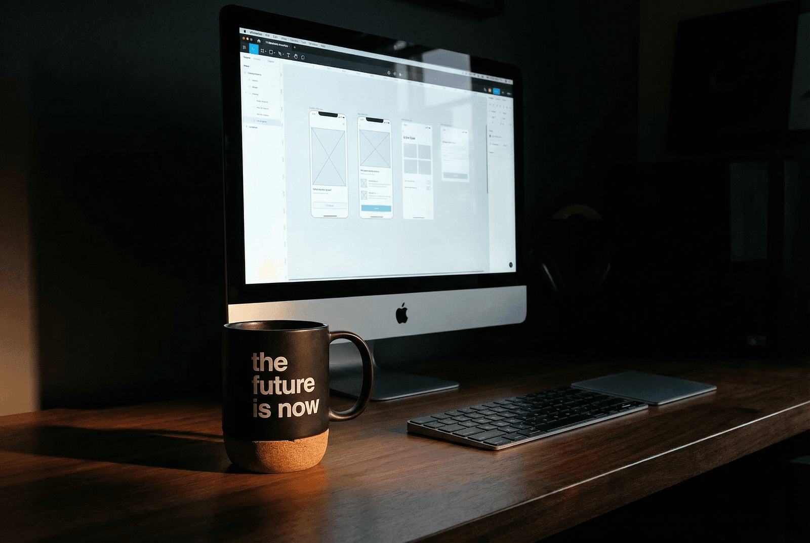 Dark, focused workspace with an iMac displaying mobile app designs in a UX design tool, and a black mug on the desk reading “the future is now,” suggesting a modern design workflow shaped by AI and human judgment.