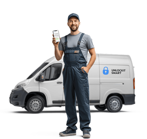 Locksmith professional man in overalls standing confidently in front of a branded white van with a logo reading "Unlockit Smart," holding up a smartphone displaying an app. suggesting a professional locksmith service