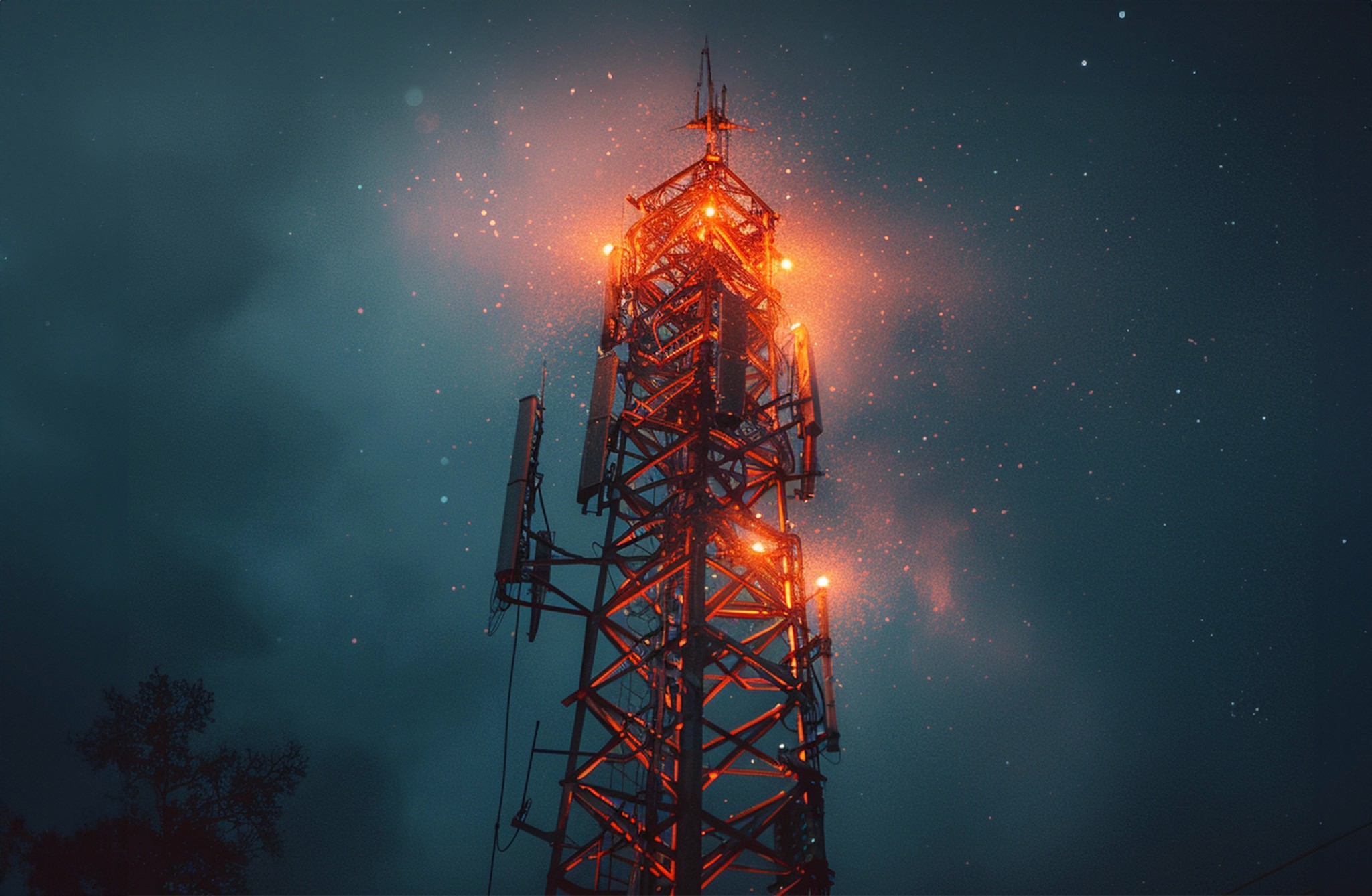 Top of a cell tower. It's a starry night. The lights are on.