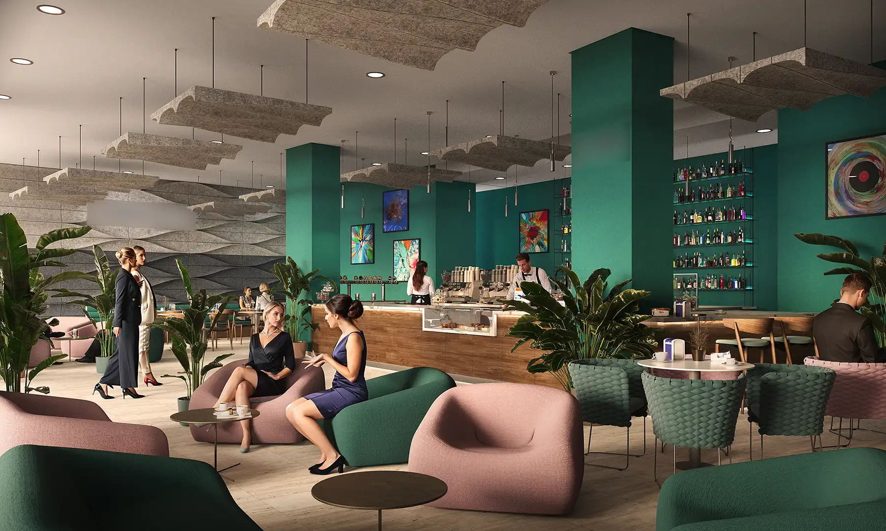 Elegant modern lounge bar with pink and green sofas, cocktail counter, lush plants, and suspended acoustic panels. Luxury opera club interior design.