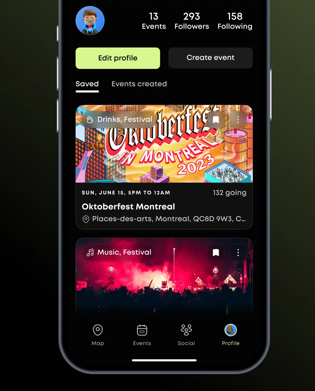 Screen showing user's profile on the app, with features like editing profile or creating events.