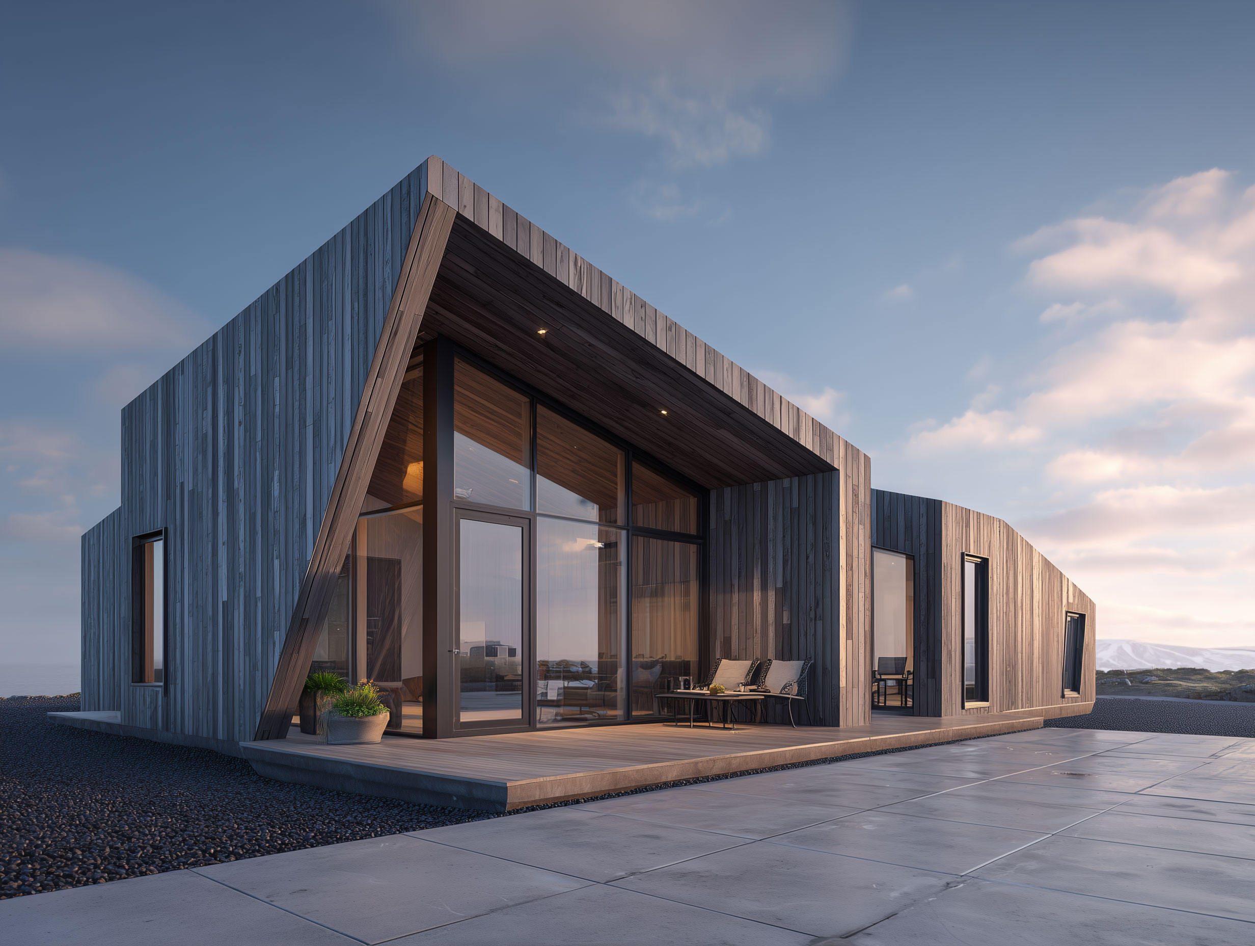 A modern lakeside house partially submerged in morning mist, mountains reflected in water.