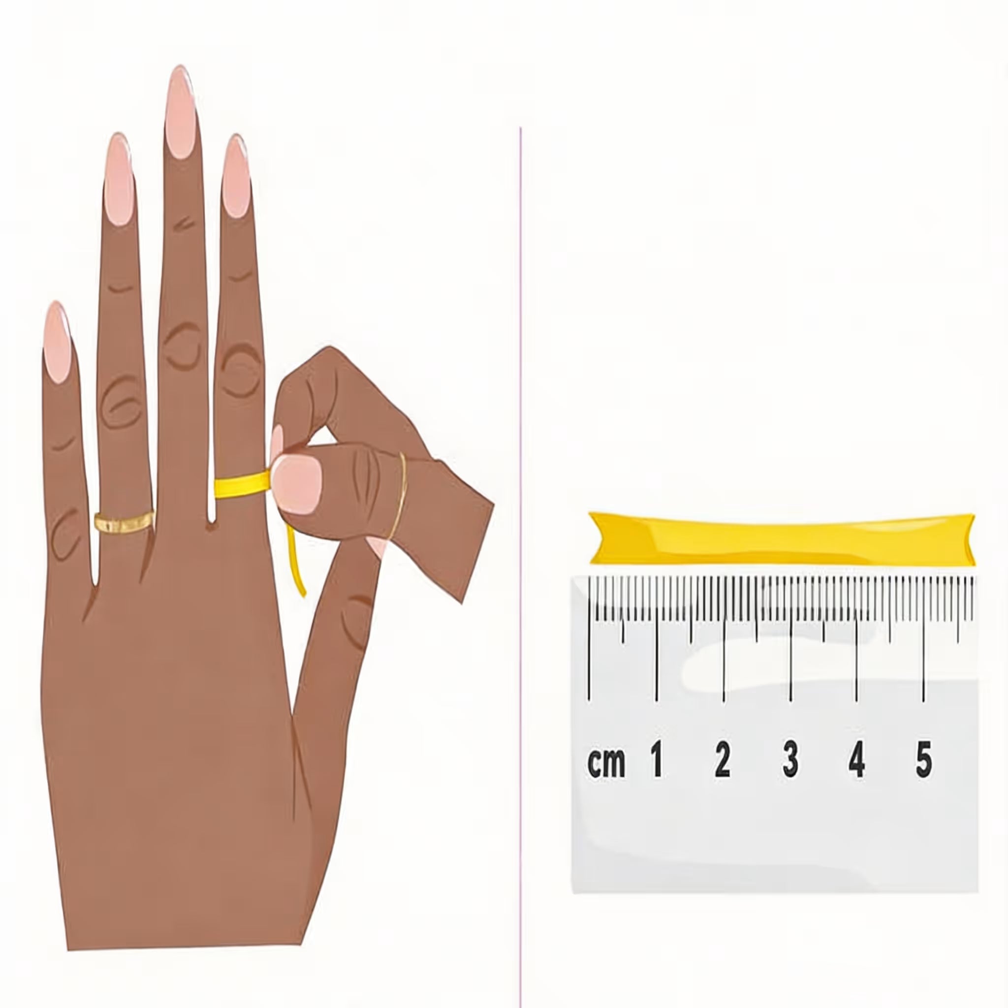 Illustration of how to measure ring size: wrap a paper strip around your finger, then lay it flat against a ruler