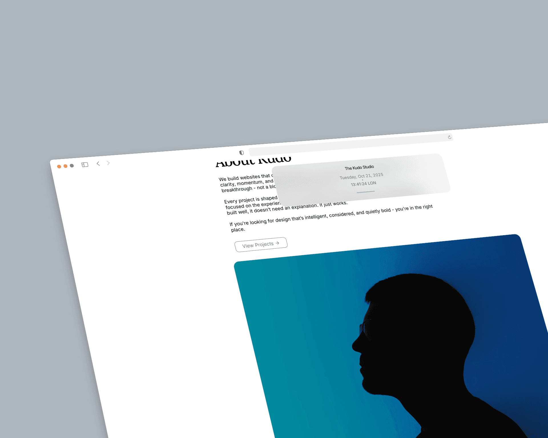 Web page mockup of The Kudo Studio minimalist website design, showcasing clean typography and a no-code web design layout.