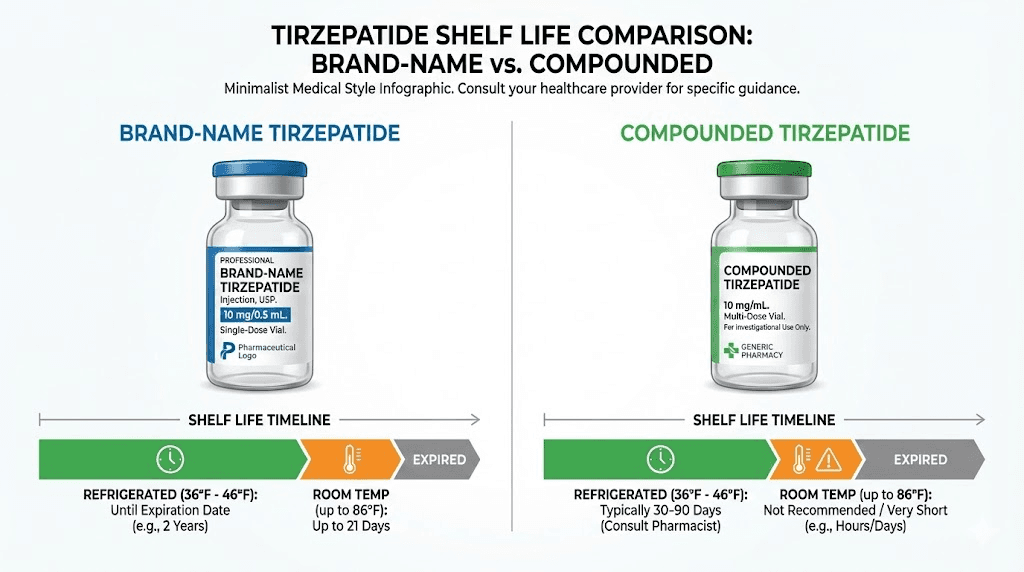 Brand-name versus compounded tirzepatide shelf life comparison