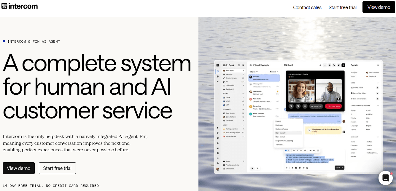 Intercom homepage showing its Fin AI Agent and helpdesk interface with a live customer conversation and video call