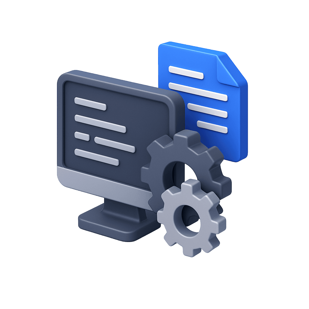 A set of gears sitting beside a desktop monitor and document. It is stylized as a blue 3D logo made for CSIT. 