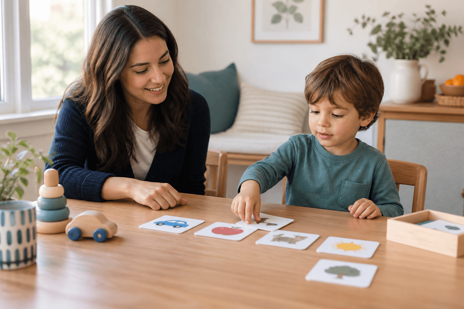 Therapist supporting a child during a matching activity