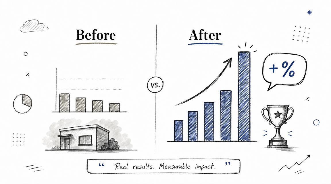A hand-drawn illustration comparing a downward trend before business intervention to an upward growth trend after.