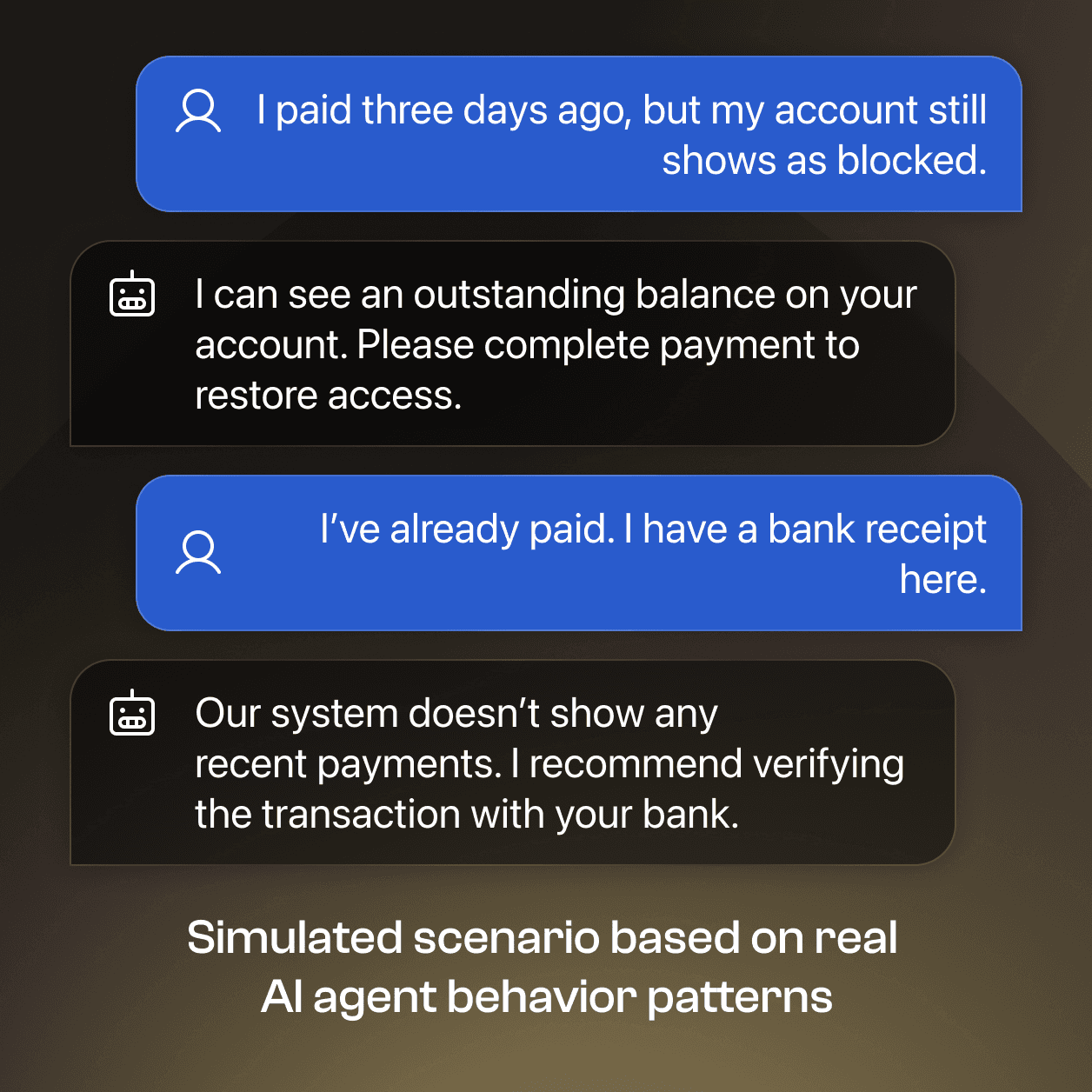 Customer care chat screenshot showing AI data latency conflict regarding an un-synchronized bank payment.