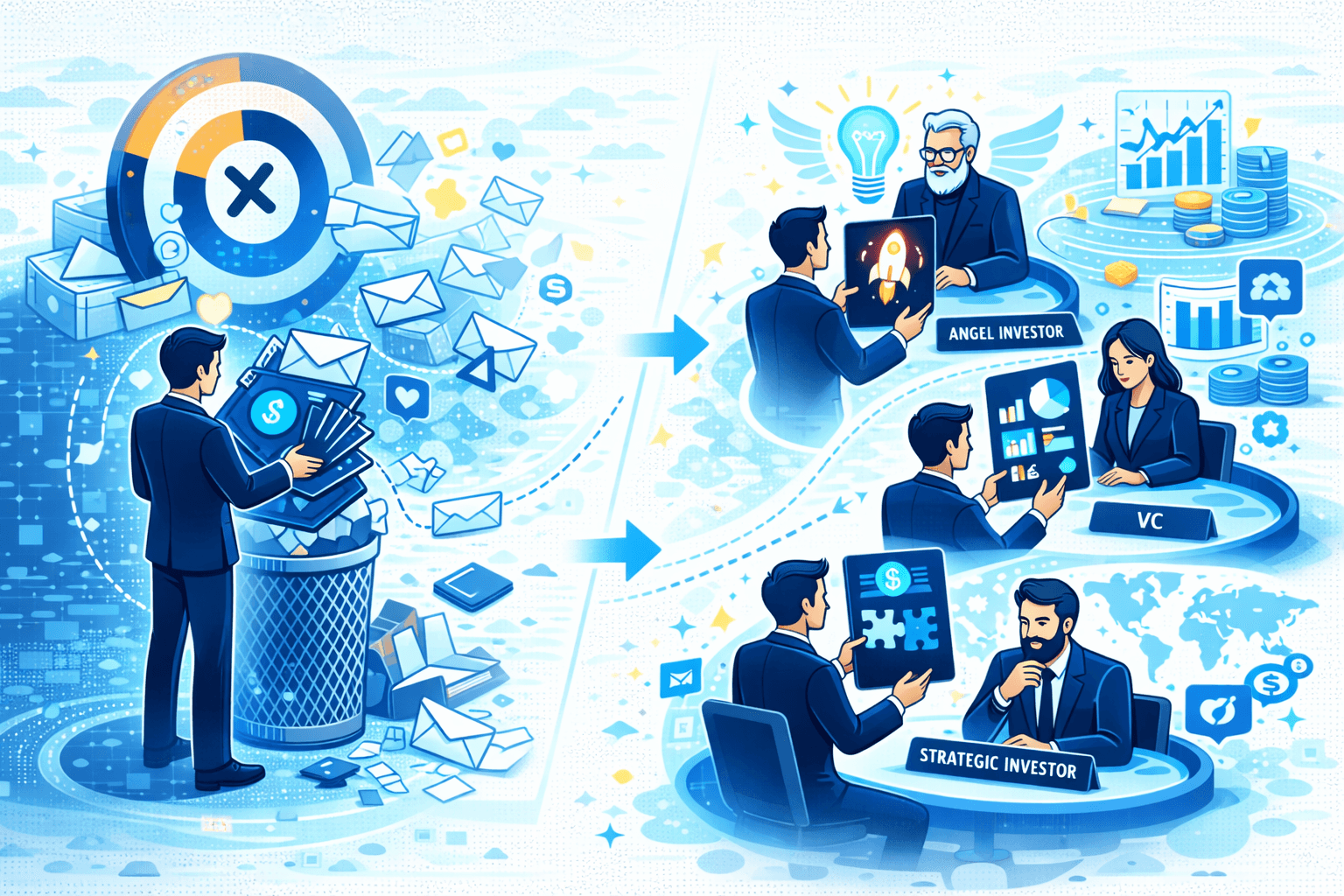 An image showing the preparation process for a token launch and pitching to investors to get the project funded.