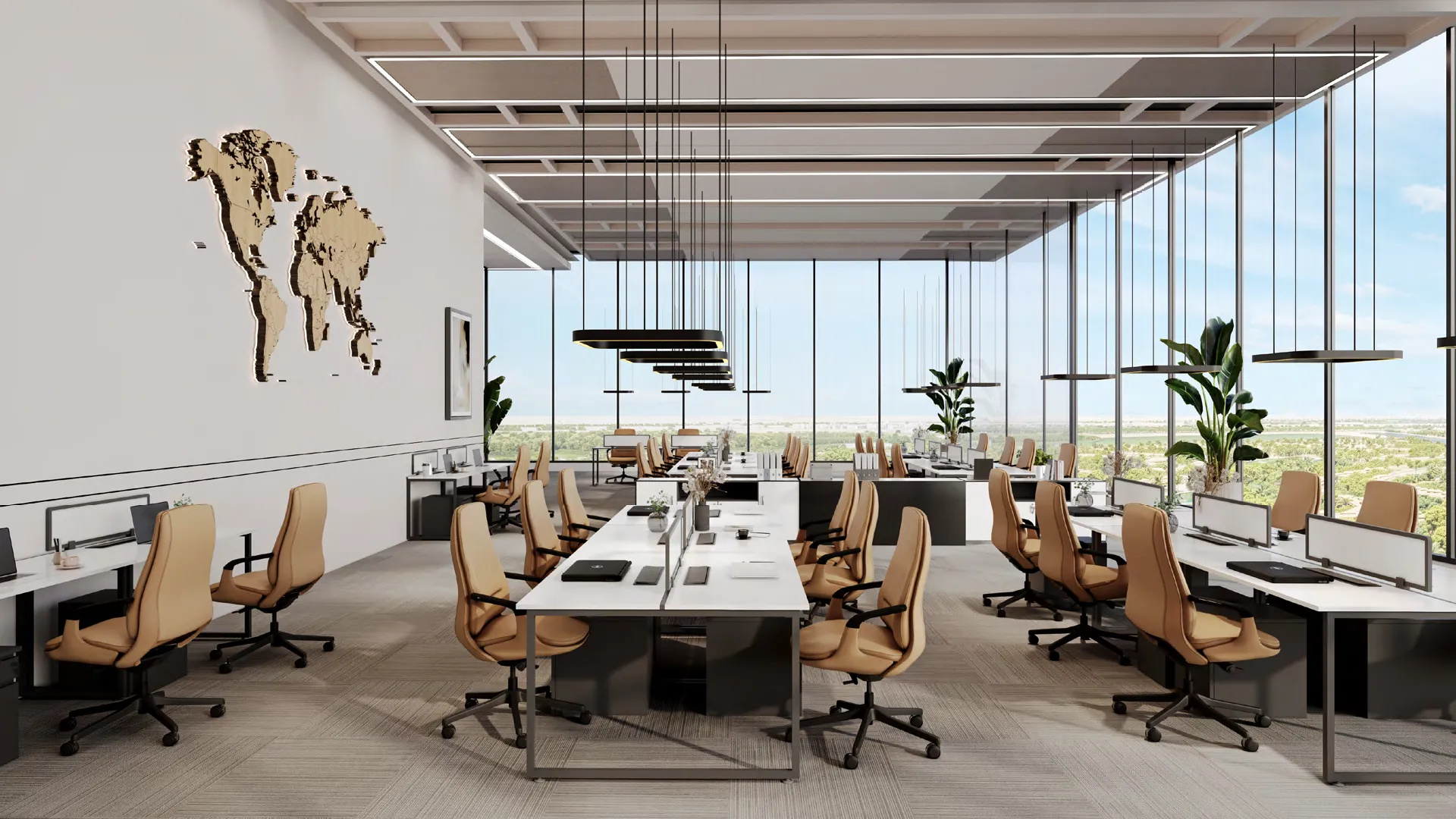 Modern co-working space and business center in a luxury real estate development.