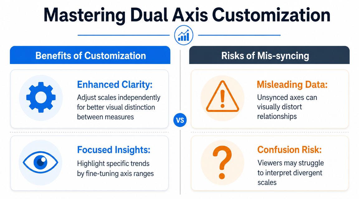 An infographic titled Mastering Dual Axis Customization comparing the benefits of chart customization versus risks of mis-syncing.