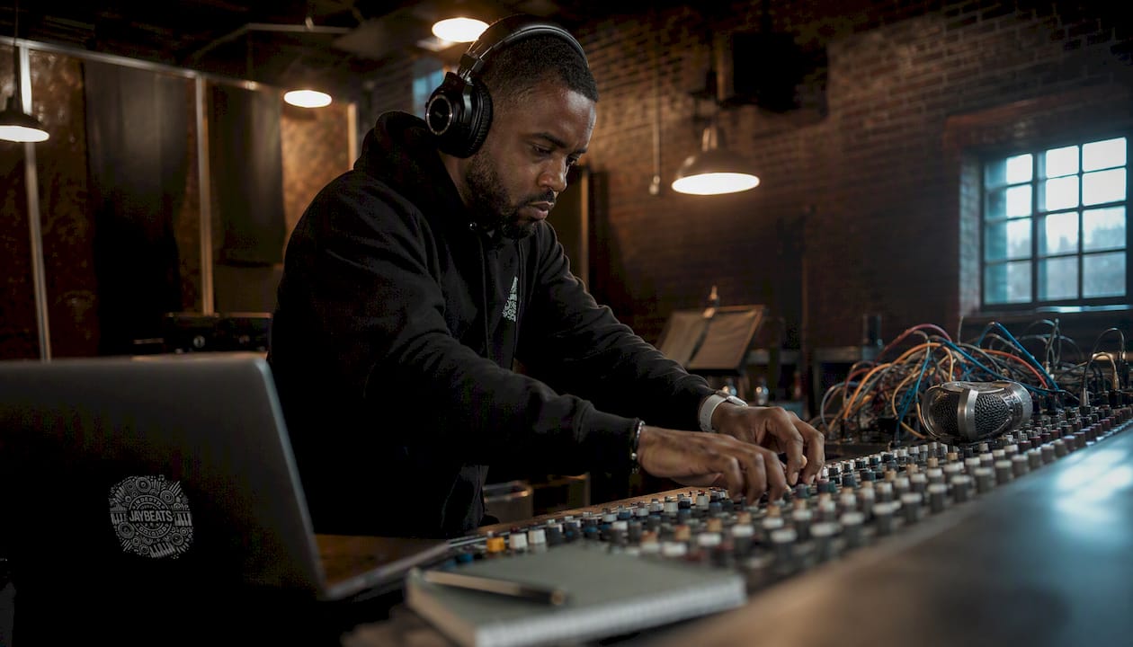 Audio engineer mixing rap vocals in studio