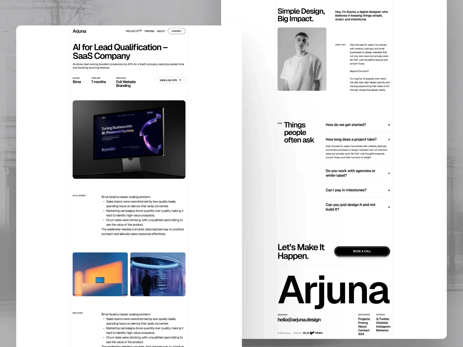Arjuna designer portfolio Framer template with clean minimal layout featuring case studies, FAQ section, and footer