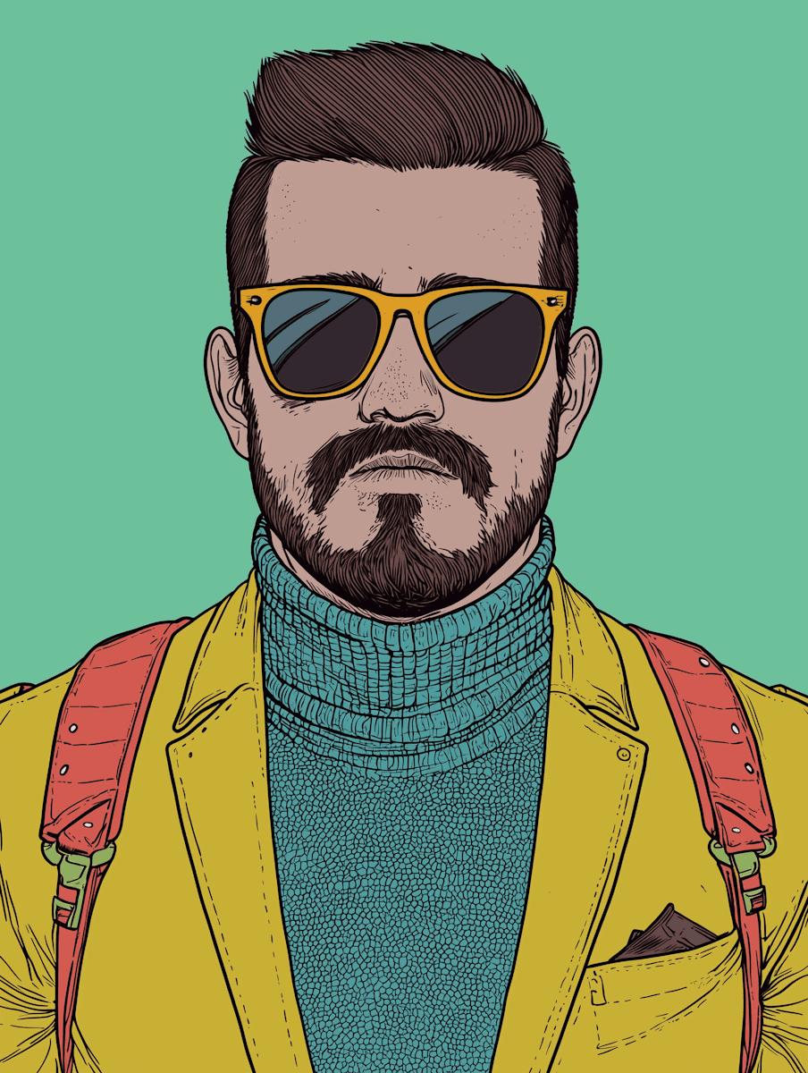 A colorful, stylized illustration of a man with a full beard and short, swept-back hair. He wears bold yellow sunglasses, a turquoise knit turtleneck, and a mustard yellow jacket with a pocket square. A red backpack strap is visible on each shoulder, and the background is a flat mint green. The portrait has a graphic, pop-art feel with clean outlines and bold color blocking.