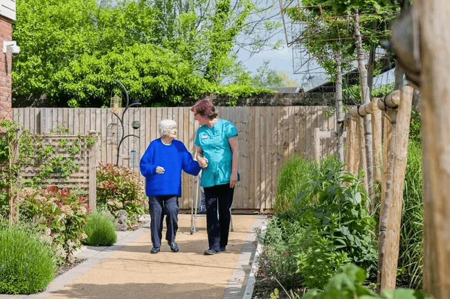 People walking down a garden path with umbrellas.