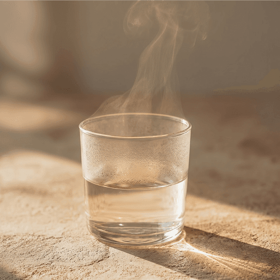 Short clear glass half-filled with hot water, condensation on the outer surface, a thin wisp of steam rising, placed on a textured stone surface in warm directional light — the same volume, more effort to maintain it. 