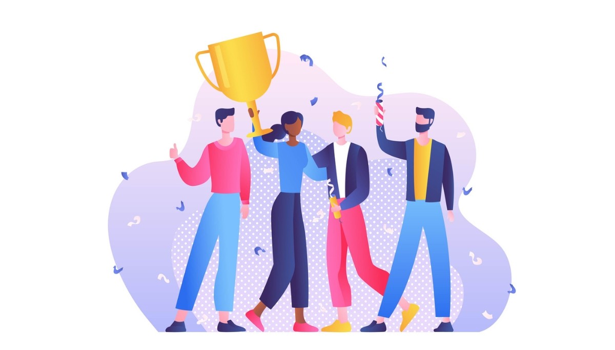 Illustration of a diverse group of employees celebrating with a trophy, confetti, and party poppers—symbolizing the impact of effective incentive programs that boost team motivation, recognition, and workplace morale.