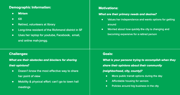 A user persona created to help shed light into the motivations, challenges, and goals of users.