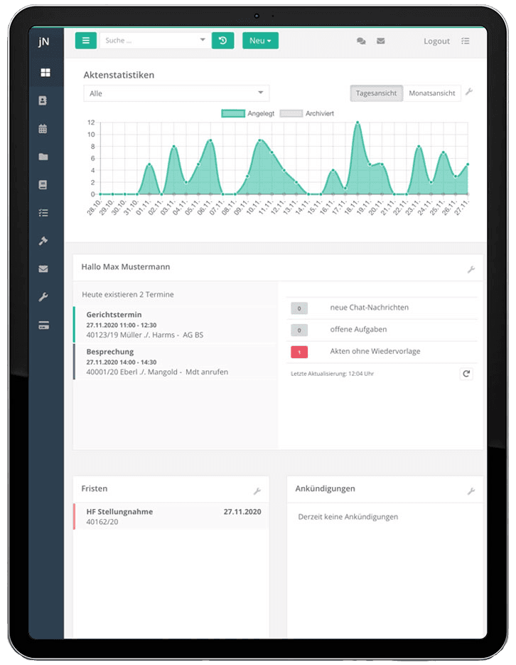 geöffnetes Dashboard in Software jur|nodes auf Ipad