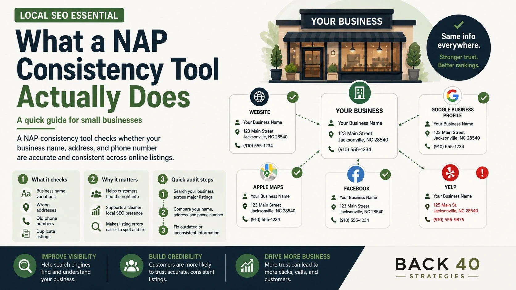 NAP consistency infographic explaining that a business’s name, address, and phone number should match across Google, websites, directories, and social profiles to improve local SEO.