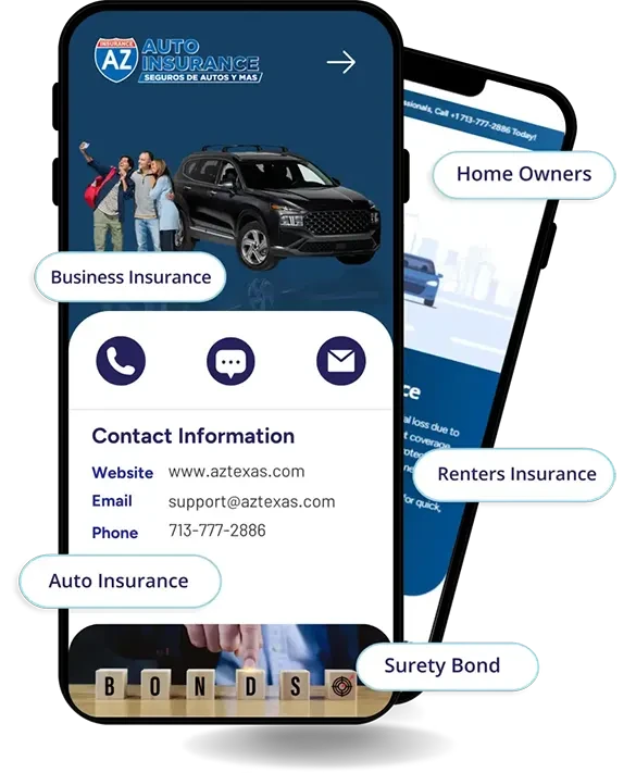 Smartphone screen displaying AZ Auto Insurance contact info and service options.