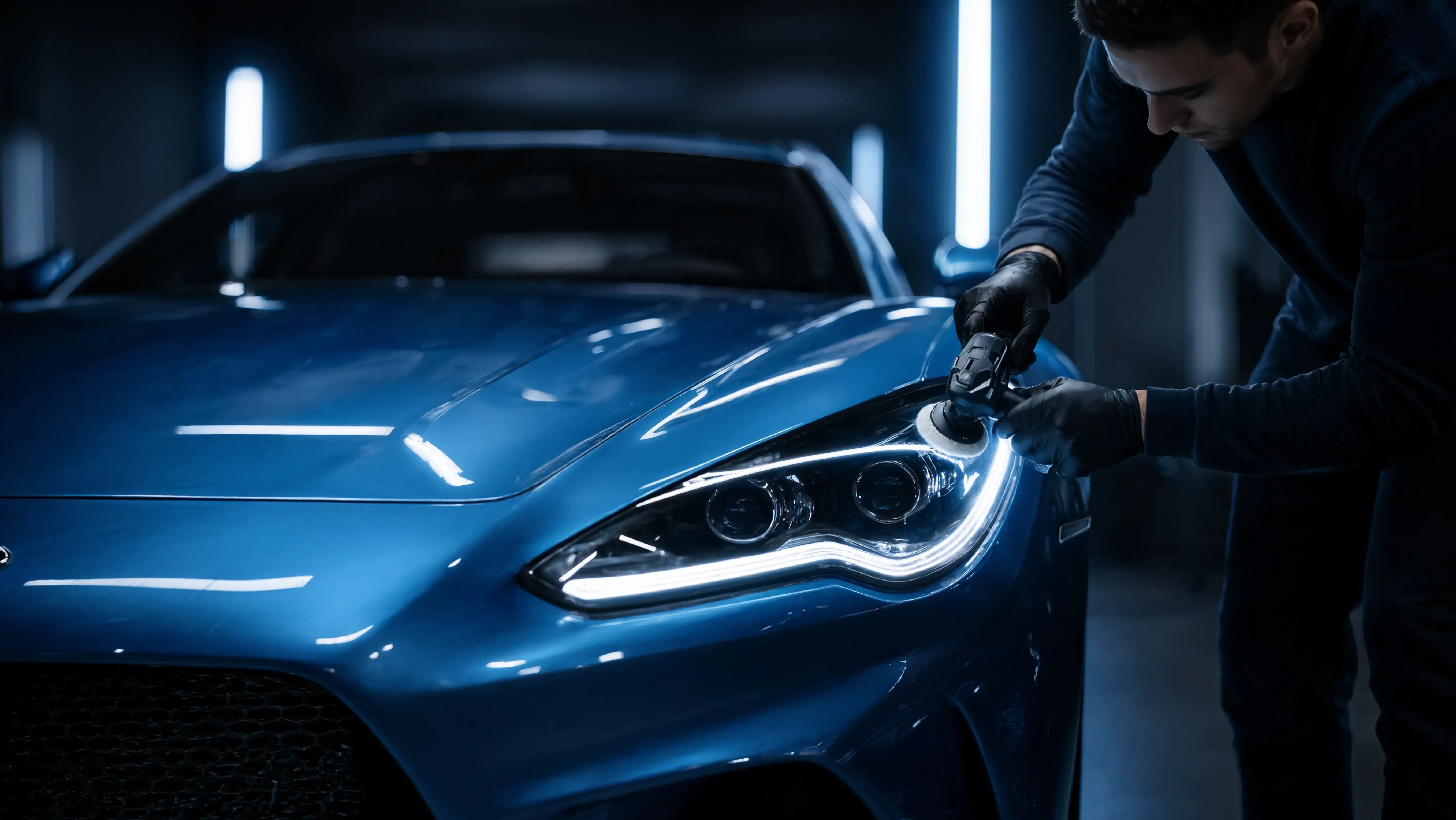 Person sanding a car headlight for restoration