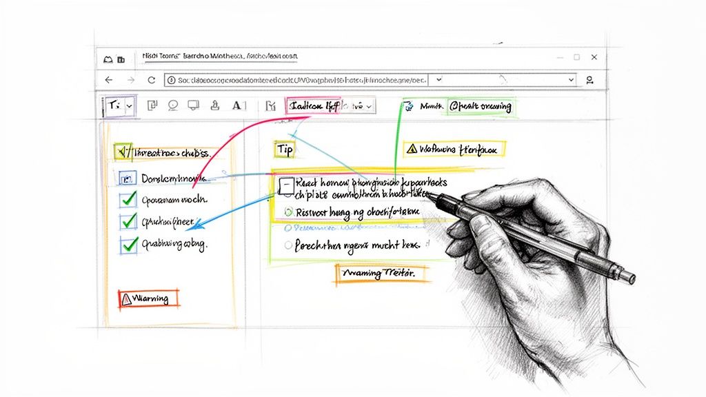 Hand sketching a complex step-by-step guide or mind map on a browser-like interface with various sections.