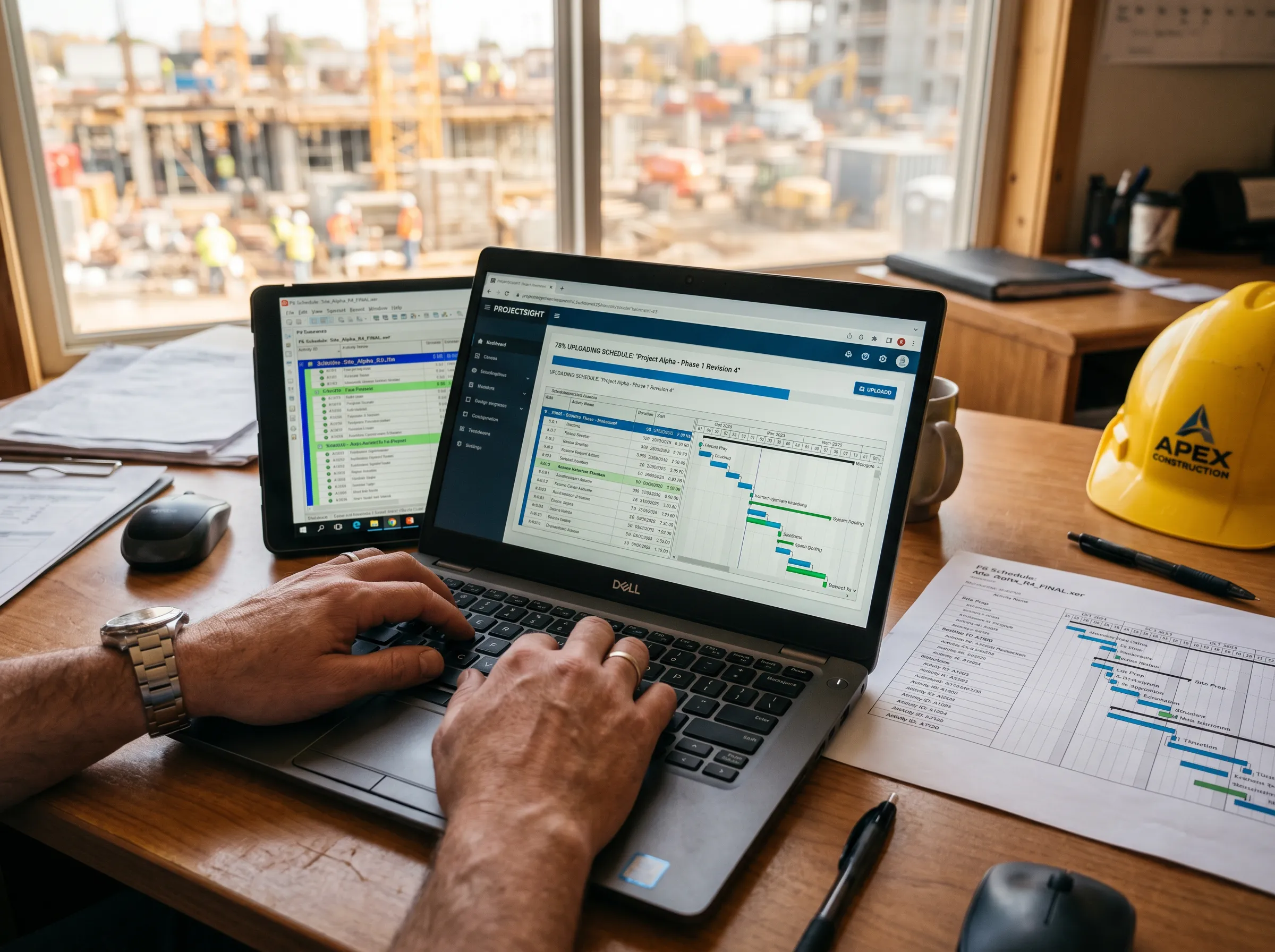 Person working on a laptop displaying project scheduling software at a construction site office, with documents and a hard hat on the desk and a construction site visible through the window.