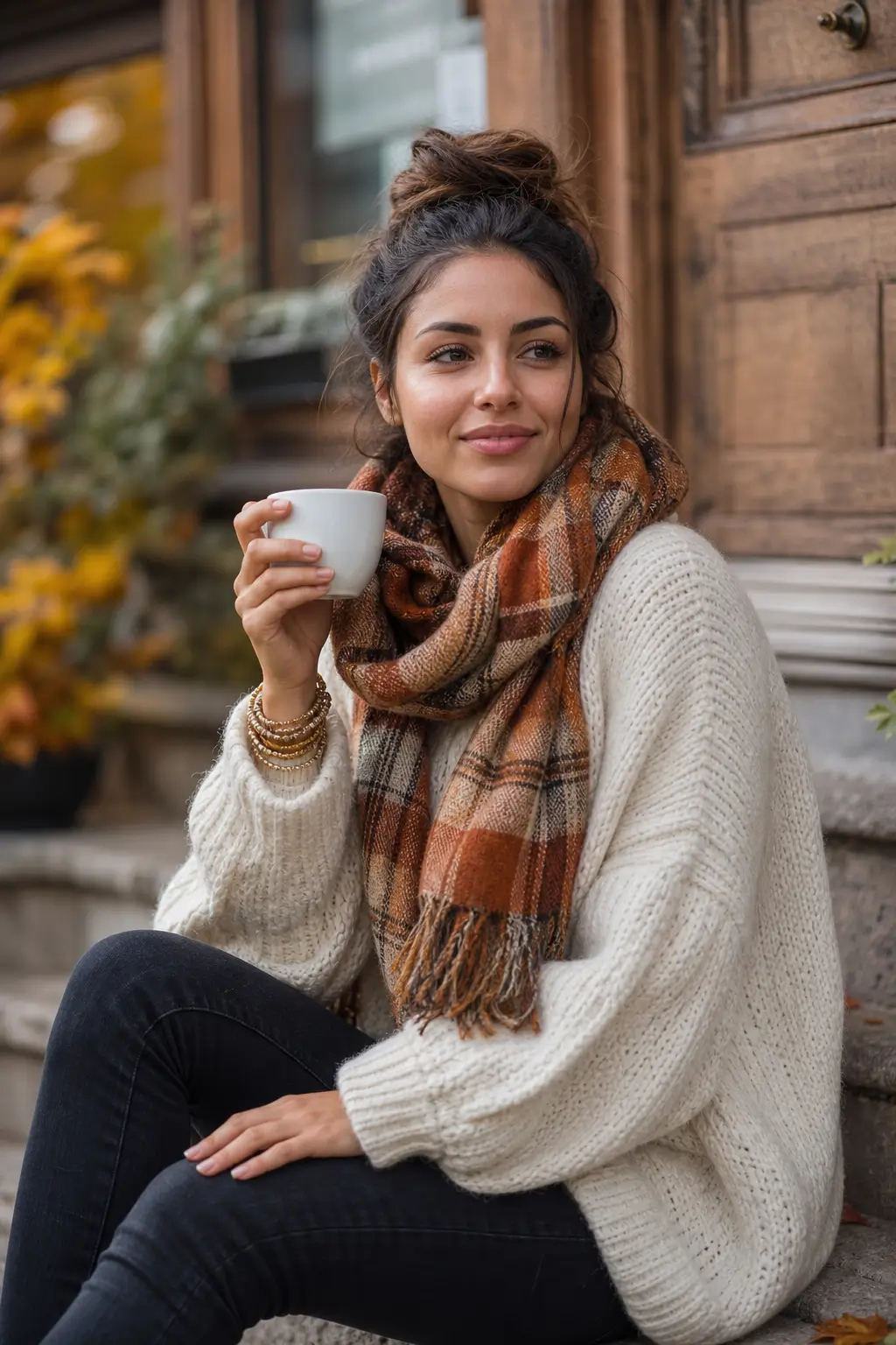 AI-generated lifestyle portrait of a smiling woman holding a warm drink outside a cozy café during autumn.